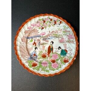 Vintage Japanese Imari Geisha Garden Plate 7.25" Red Scalloped Rim